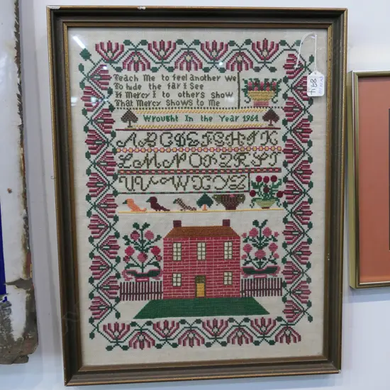 CROSS STICH EMBROIDERED SAMPLER, 1964