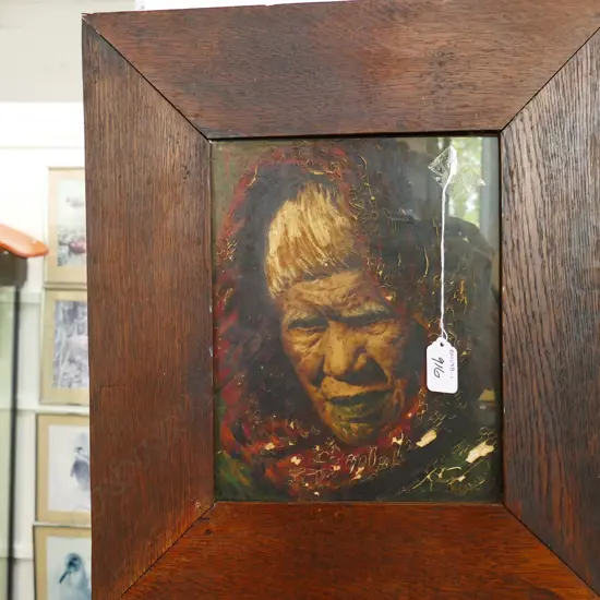 FRAMED PAINTING MAORI ELDER W/ TA MOKO. SOME PAINT PEELING 245 X 190MM