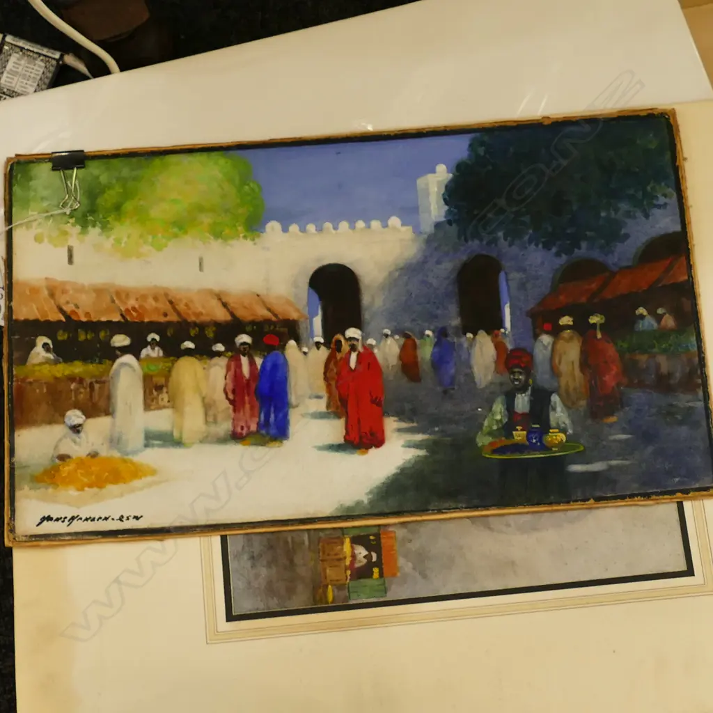 HANS HANSEN MARKET SCENE WATERCOLOUR 230 X 395MM AND PRINT  Image 1++