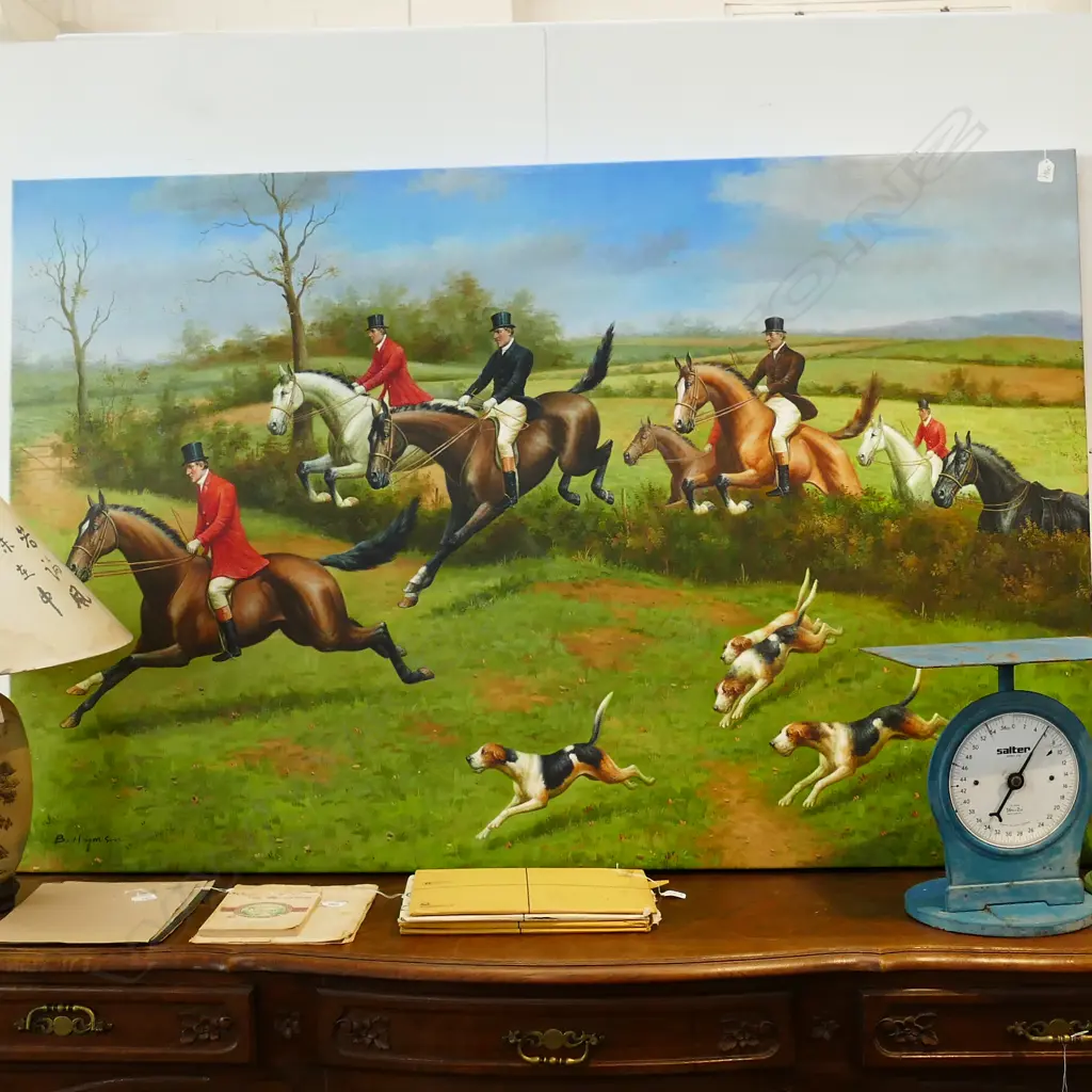 LARGE OIL ON CANVAS HUNT SCENE, SIGNED B HYMSIN Image 1++