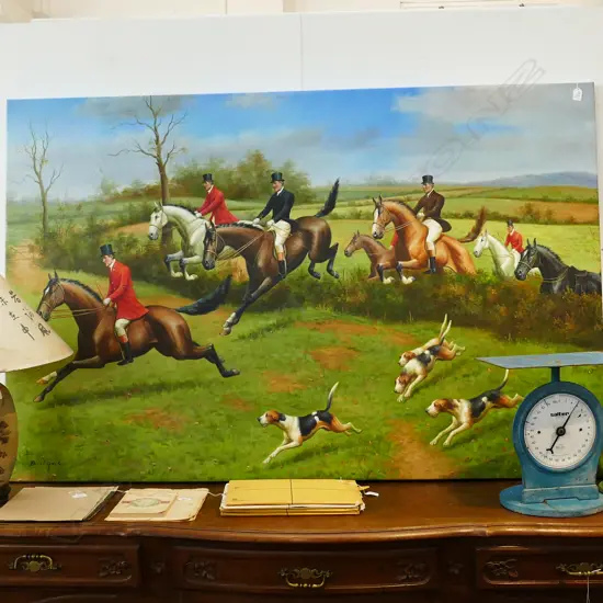 LARGE OIL ON CANVAS HUNT SCENE, SIGNED B HYMSIN
