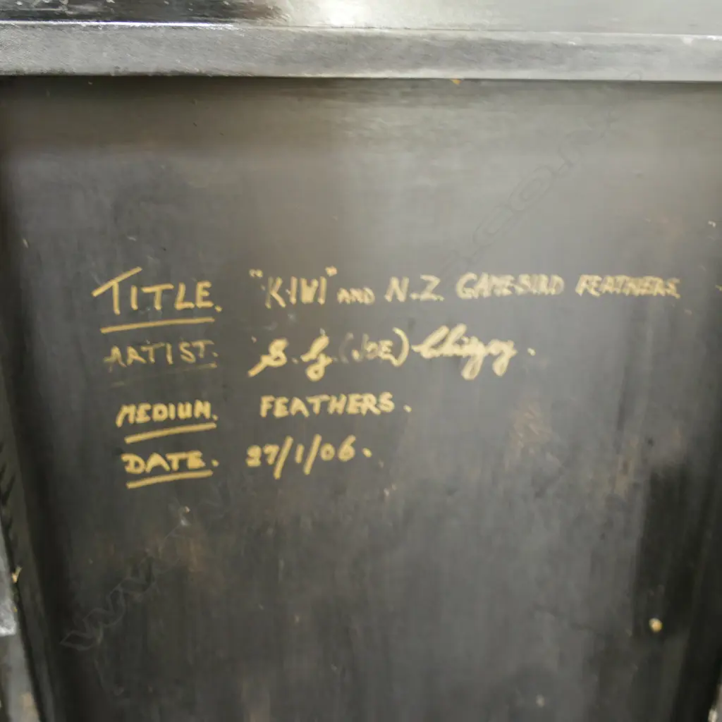 LARGE FRAMED FEATHER ARTWORK 1270 X 1280MM '"KIWI" AND NZ GAME BIRD FEATHERS' SGD AND DATED '06 Image 1++