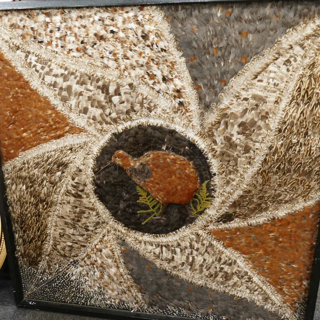 LARGE FRAMED FEATHER ARTWORK 1270 X 1280MM '"KIWI" AND NZ GAME BIRD FEATHERS' SGD AND DATED '06 Image 1++