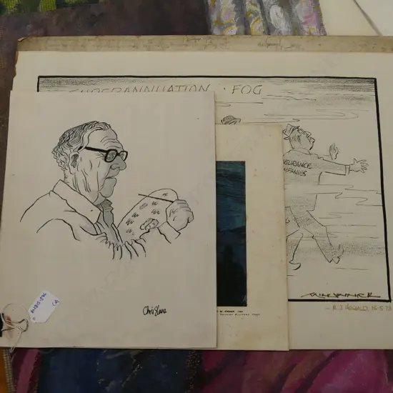 GORDON MINHINNICK AND CHRIS SLANE ORIGINAL CARTOONS W/ 2 OTHER ORIGINAL WORKS
