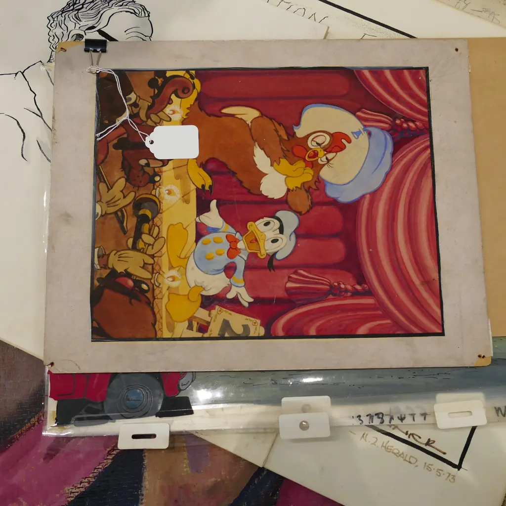 ORIGINAL WATERCOLOUR - DETAILED DISNEY SCENE - DONALD DUCK & FOGHORN LEGHORN ATTR. JOHN HENCH. + FOOTROT FLATS CELLS Image 1++