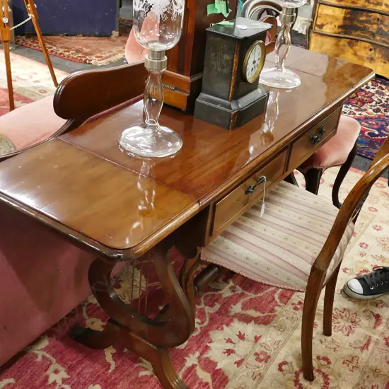 MAHOGANY 2 DRAWER SOFA TABLE WITH LYRE BASE 