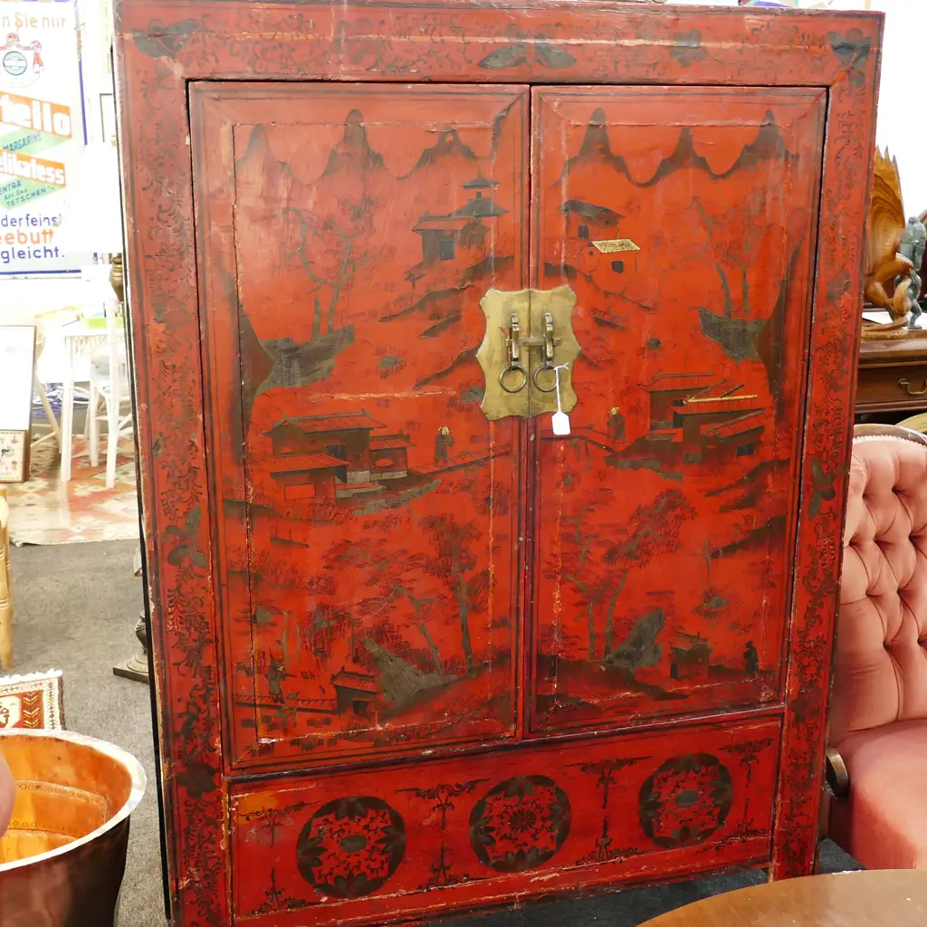 CHINESE RED LACQUER WEDDING CHEST W. 1190MM H. 1760MM Image 1++