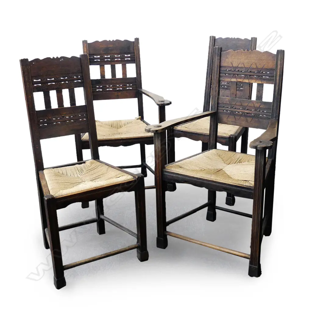 Four 19thC Shropshire style oak and seagrass chairs Image 1++