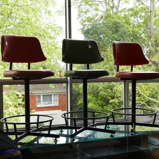 3 RETRO BAR STOOLS MARKED C.P. ROXBURGH ELLERSLIE AUCKLAND