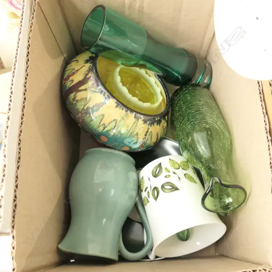 BOX LOT ASST. CHINA, GREEN ART GLASS