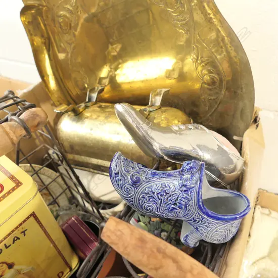 BOX LOT ASST. CHINA, CRYSTAL, TINS, ETC