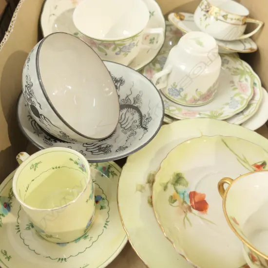 BOX LOT ASST. TRIOS AND MATCHING CUPS AND SAUCERS