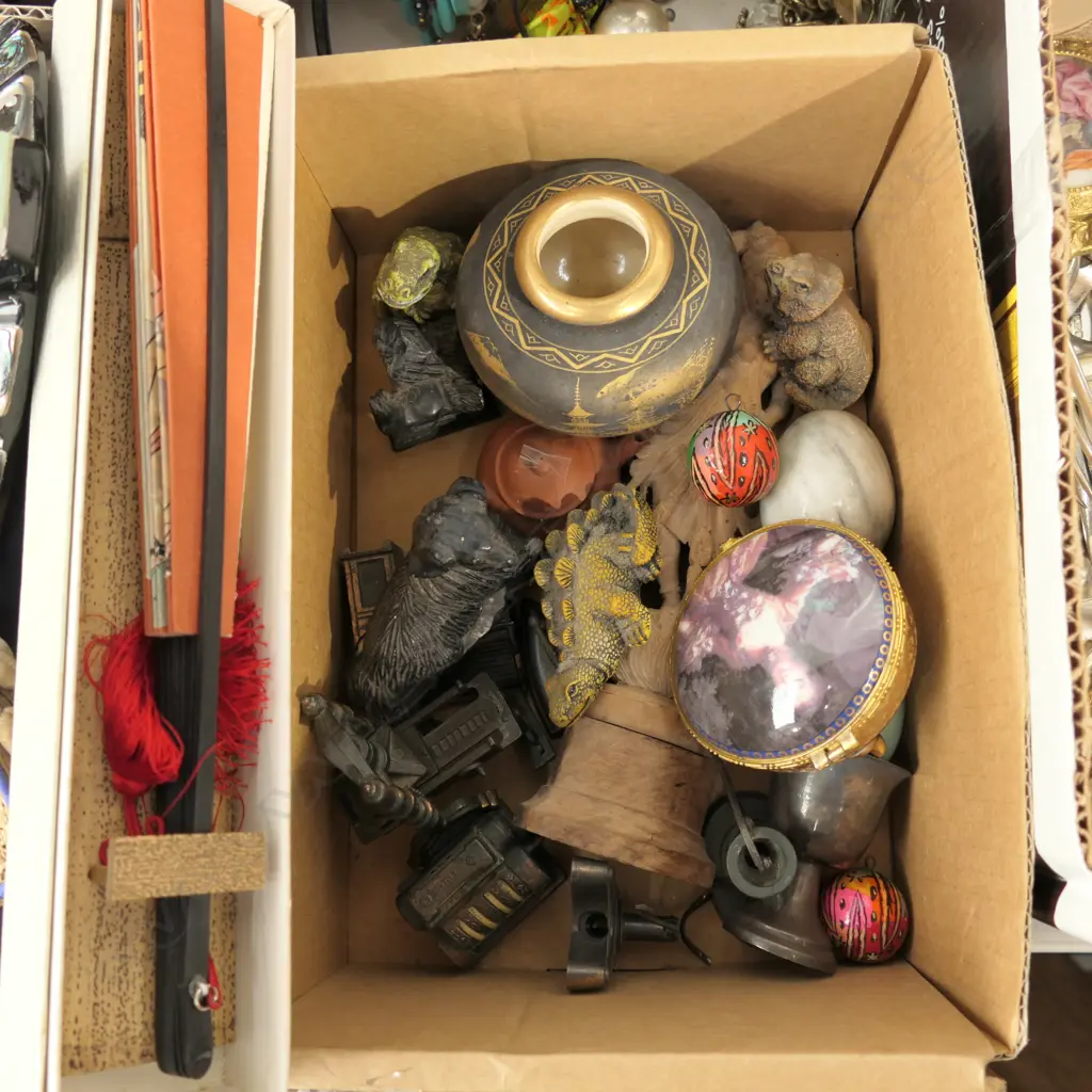 BOX LOT ASST. ORIENTAL ITEMS INCL. FAN, STONE DOG ETC Image 1++