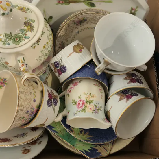 BOX LOT ASST. CHINA INCL. ROYAL WORCHESTER EVESHAM, LIMOGES, TRIOS ETC