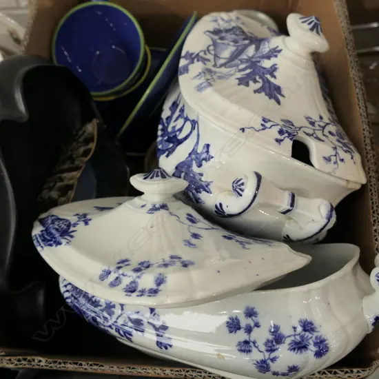 LOT OF ASSORTED CHINA POTTERY ETC INCL B+W TUREENS