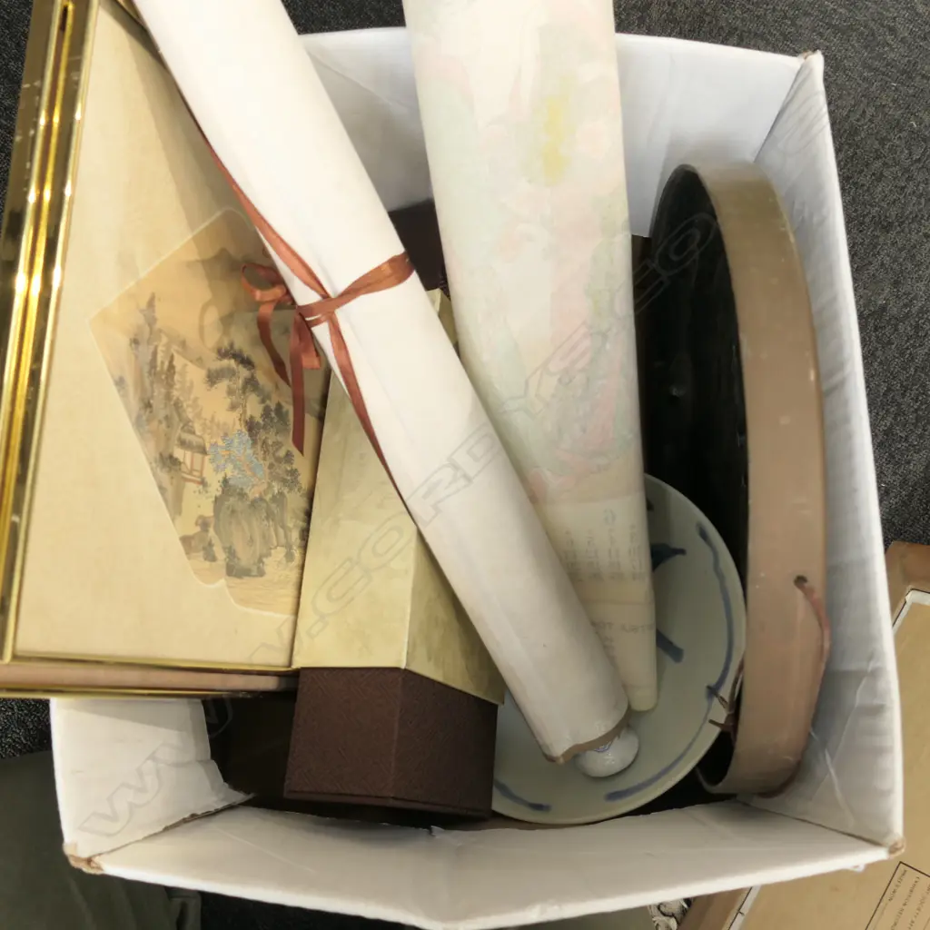 BOX LOT ASST. ORIENTAL ITEMS INCL. PRINTS, GONG ETC Image 1++