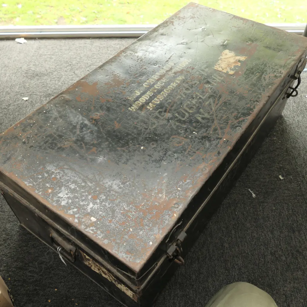 VINTAGE HANDLED BLACK TIN TRUNK 890MM L 460MM W Image 1++