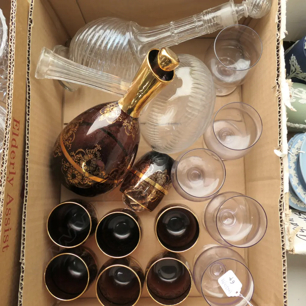 BOX LOT ASST. DRINK SETS AND DECANTERS Image 1++