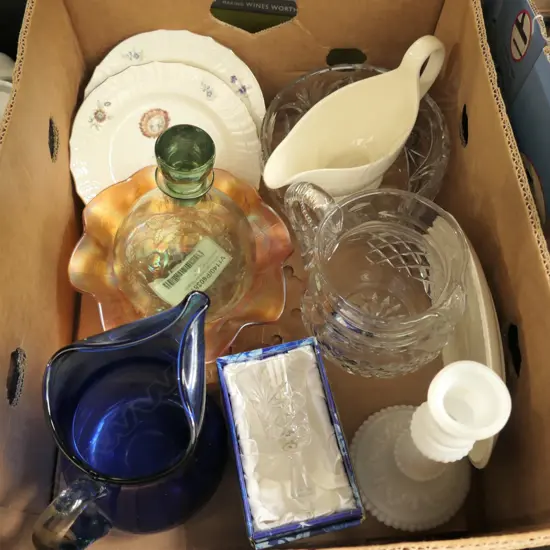 BOX LOT ASST. CARNIVAL GLASS, WEDGWOOD, 2 R. COPENHAGEN PLATES ETC