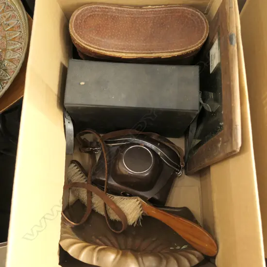 BOX LOT 2 PAIRS BINOCULARS, COPPER CRUMB PAN AND BRUSH, MIRROR, ZEISS CAMERA ETC