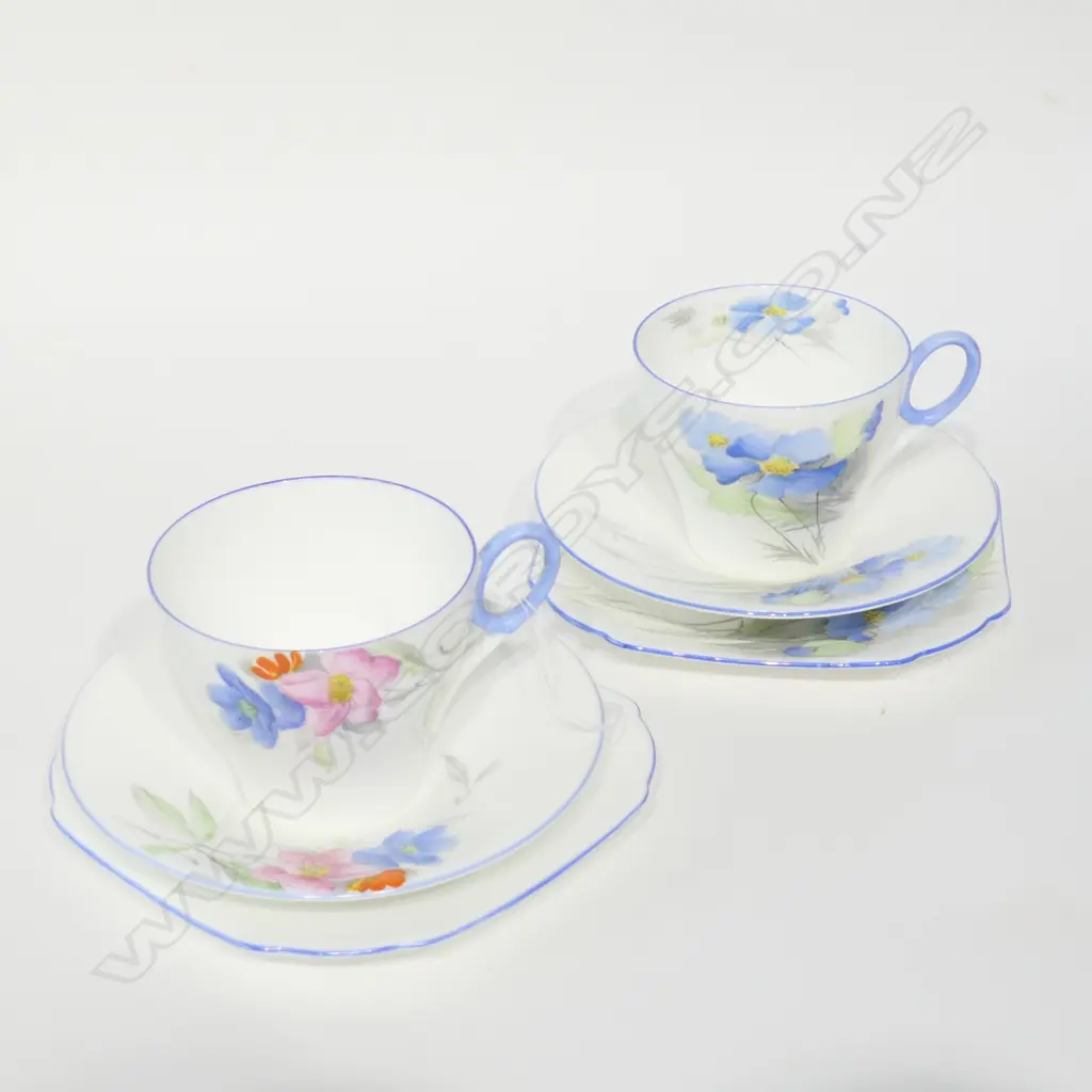 2 SHELLEY BLUE ART DECO TRIOS Image 1++