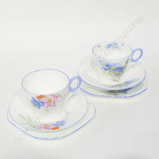 2 SHELLEY BLUE ART DECO TRIOS