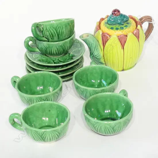 MAJOLICA CHILD'S TEA SET; TEAPOT, 6 CUPS AND 5 SAUCERS