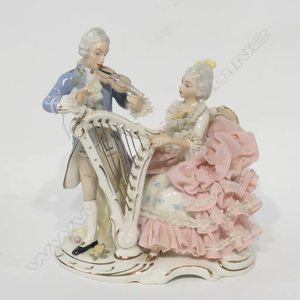DRESDEN FIGURINE, HARPIST AND VIOLINIST AF EASY REPAIR CHIPPED VIOLIN PIECE ATTACHED, MINOR SKIRT DAMAGE Image 1++