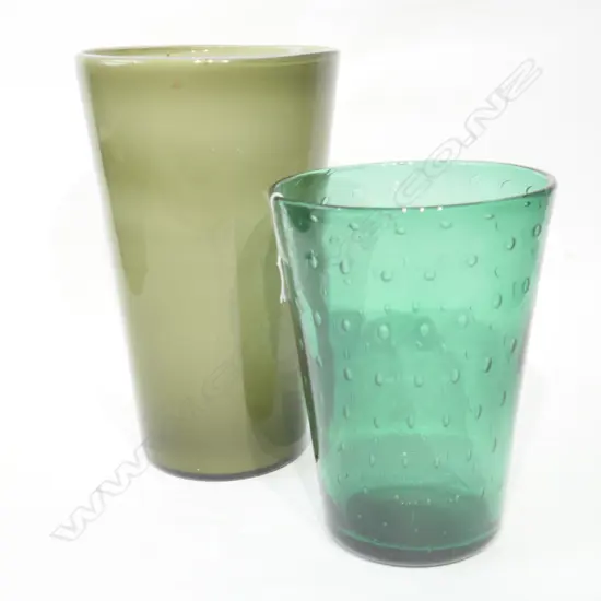 TWO GREEN GLASS VASES TALLEST 260MM H