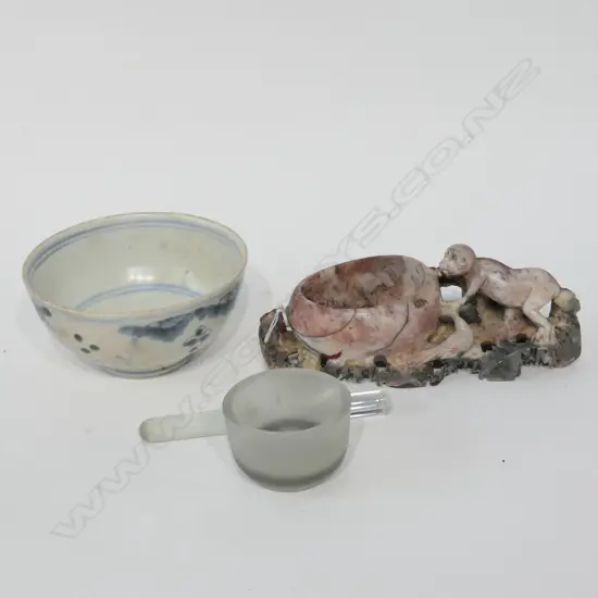 ORIENTAL BOWL, SOAPSTONE CARVING, SMALL MORTAR AND PESTLE