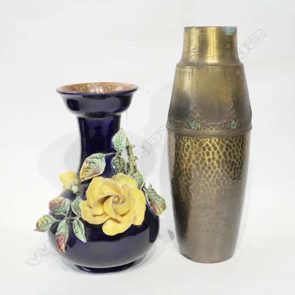 c1900 MAJOLICA VASE, SCULPTED FLORALS + BRASS VASE Image 1++