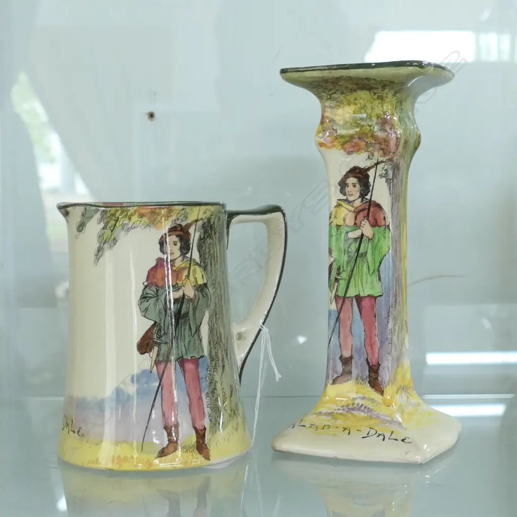ROYAL DOULTON ROBIN HOOD SERIES WARE, JUG AND CANDLESTICK, LARGEST BEING H. 170MM Image 1++