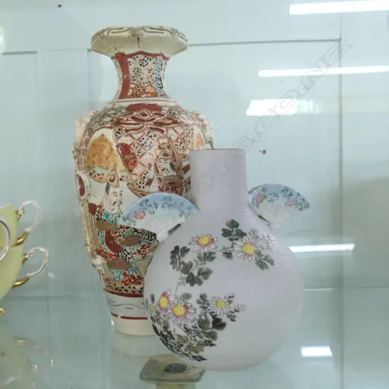 2 OLD JAPANESE VASES: 1 SATSUMA. 1 WITH FAN FORM HANDLES