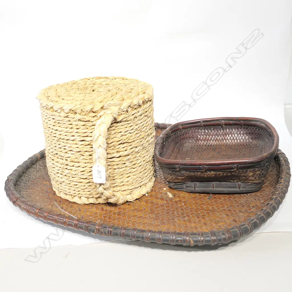 TWO CANE DISHES (LARGEST W.580MM) + SMALL WOVEN CARRY STOOL Image 1++