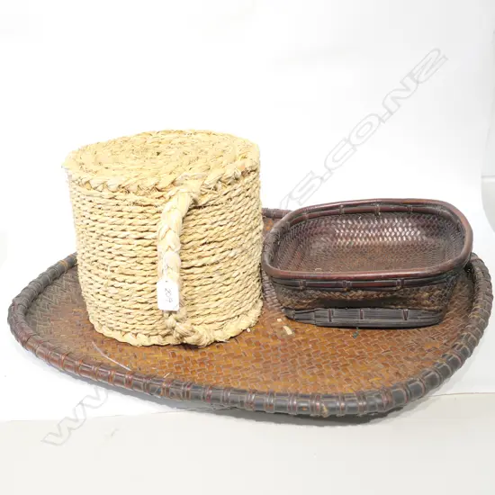 TWO CANE DISHES (LARGEST W.580MM) + SMALL WOVEN CARRY STOOL