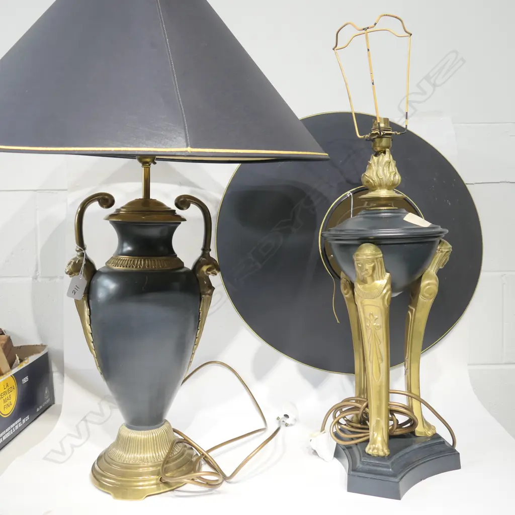 TWO CLASSICAL BLACK + BRASS TABLE LAMPS. NEED REWIRING. H. INCL SHADES 720MM Image 1++