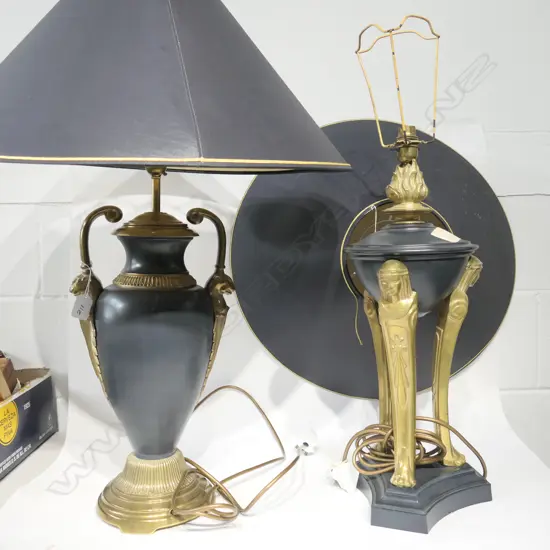 TWO CLASSICAL BLACK + BRASS TABLE LAMPS. NEED REWIRING. H. INCL SHADES 720MM