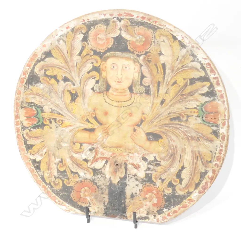 INDO-PERSIAN PAINTED WOODEN PLAQUE DIA. 395MM Image 1++