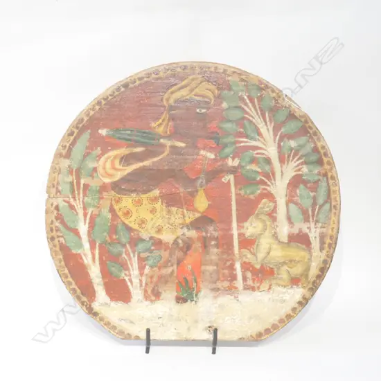 INDO-PERSIAN PAINTED WOODEN PLAQUE DIA. 395MM