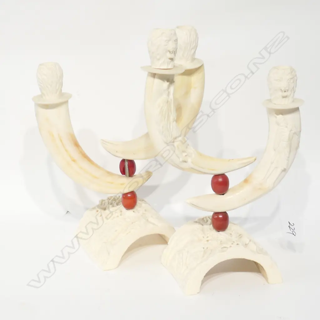 PAIR OF CARVED IVORY and HIPPO TUSK CANDLESTICKS Image 1++