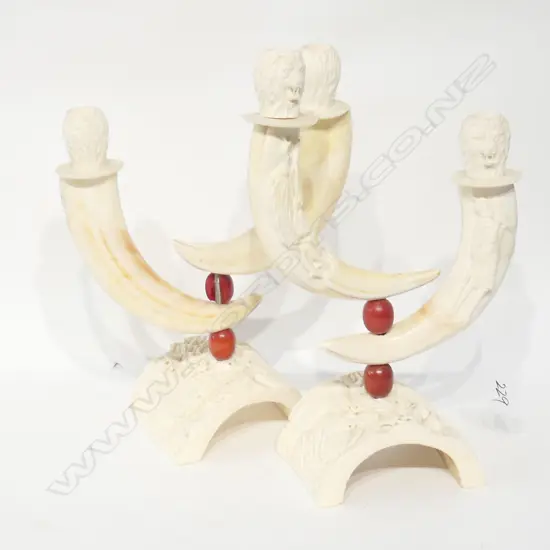 PAIR OF CARVED IVORY and HIPPO TUSK CANDLESTICKS
