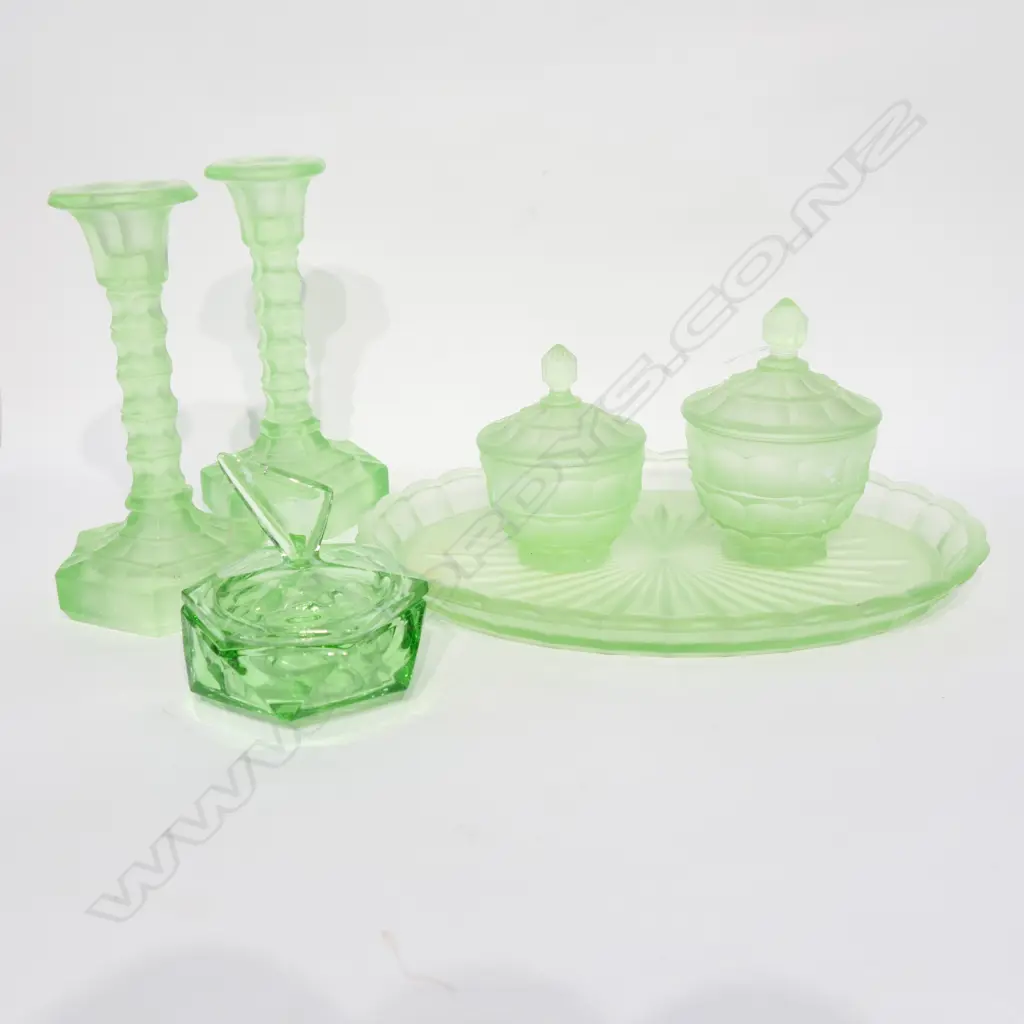 6 PCES GREEN DEPRESSIONWARE; PAIR CANDLESTICKS, PLATE, 3 LIDDED DISHES ONE AF Image 1++