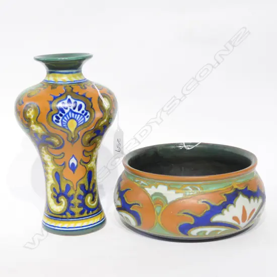 2 DUTCH GOUDA PCES: BALUSTER VASE RESTORED TOP + BOWL