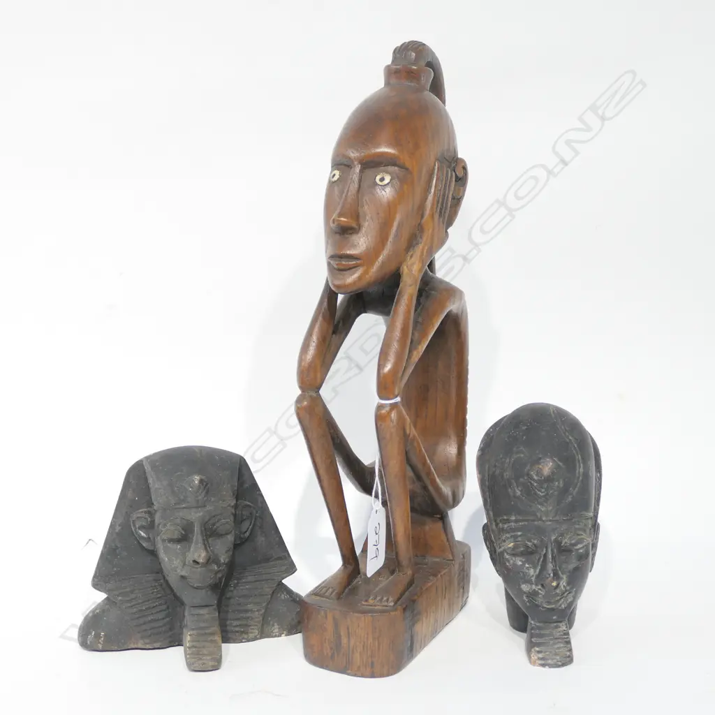 AFRICAN CARVED SEATED FIGURE + 2 CERAMIC BUSTS Image 1++