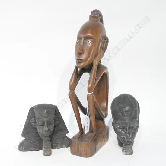 AFRICAN CARVED SEATED FIGURE + 2 CERAMIC BUSTS