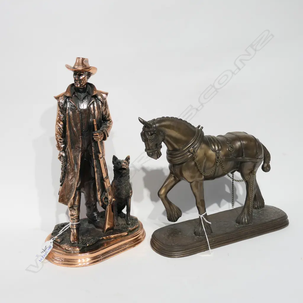RESIN FIGURE OF STOCKMAN AND DOG 300MM H AF AND RESIN CLYDESDALE HORSE 240MM L Image 1++