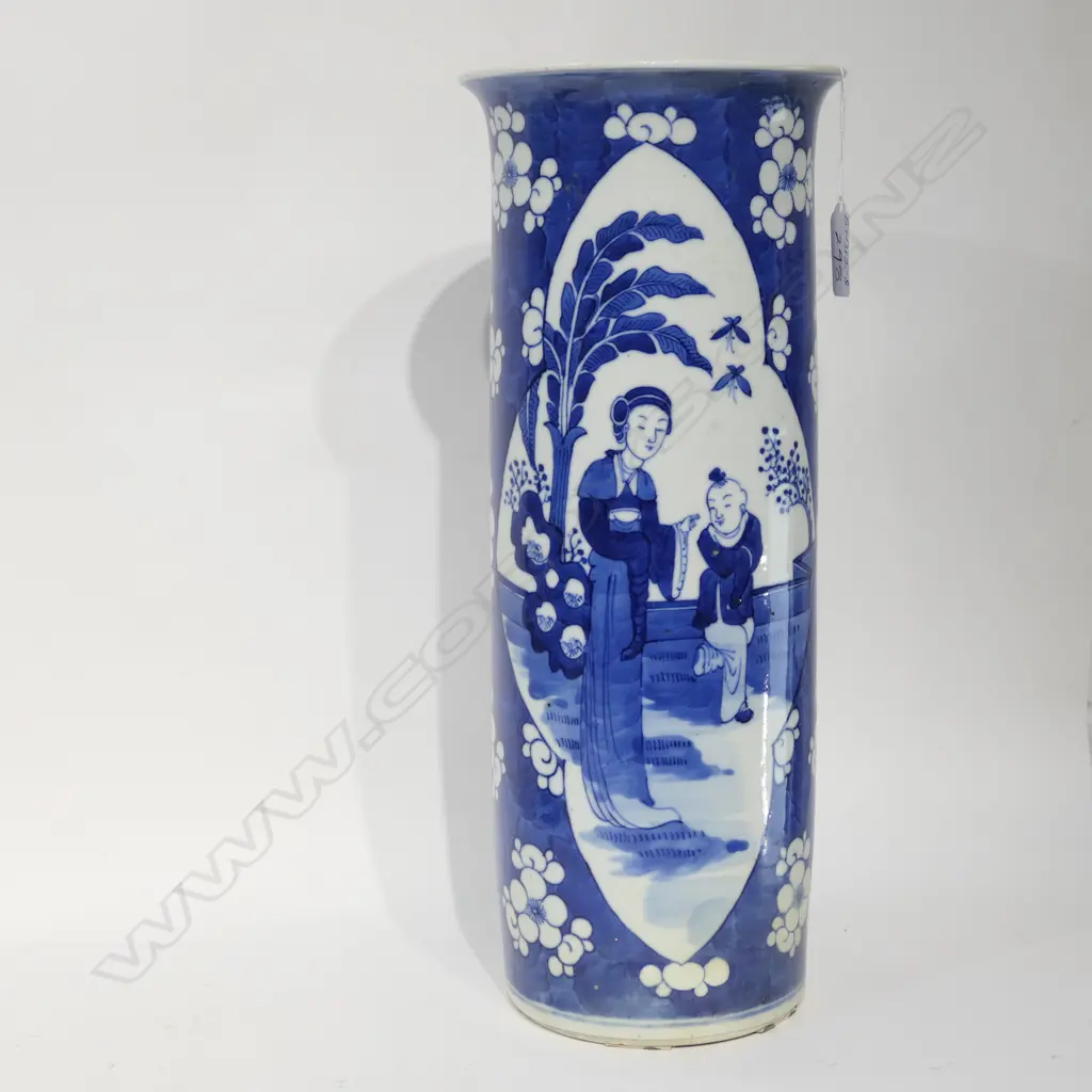 TALL CHINESE B&W CYLINDER VASE RESTORED H 365 MM Image 1++