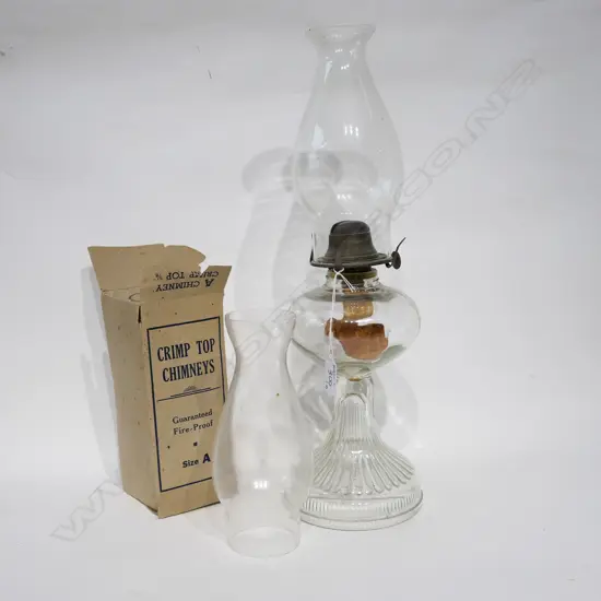 GLASS KEROSENE LAMP W/ 3 CHIMNEY'S