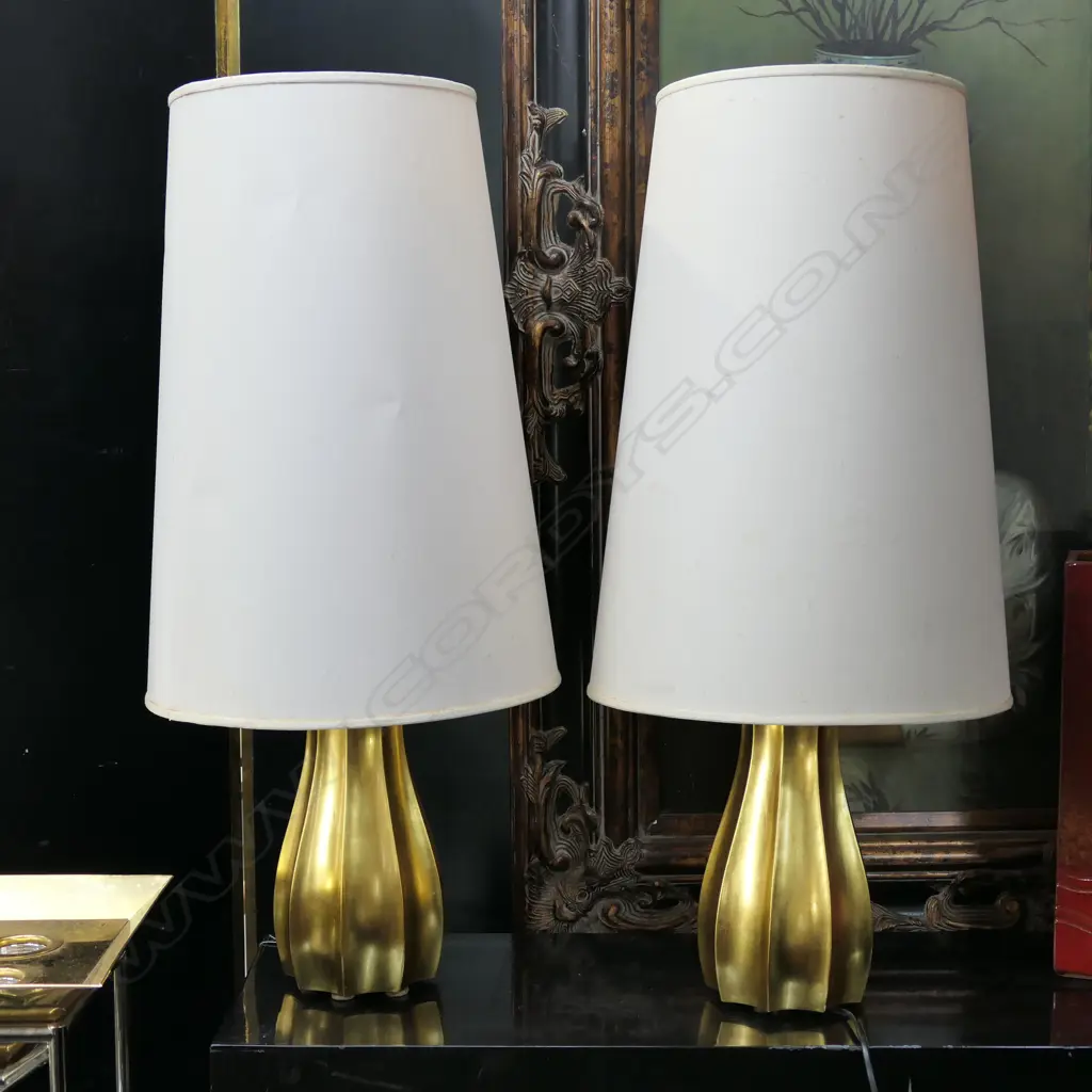 PR GILT REEDED TABLE LAMPS. - NEED REWIRING H. INCL. SHADES 755MM Image 1++