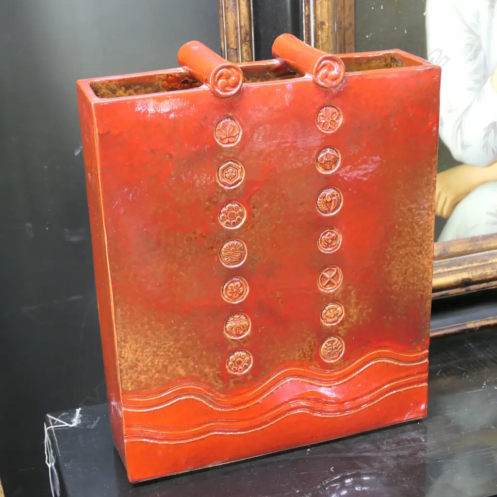 KEITH BLIGHT RED GLAZED POTTERY SLAB VASE -STAMPED 370MM TALL Image 1++